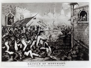 Schlacht von Monterey: Die Amerikaner kämpfen sich zum Hauptplatz durch, 23. September 1846, graviert und veröffentlicht von Nathanial Currier, 1846